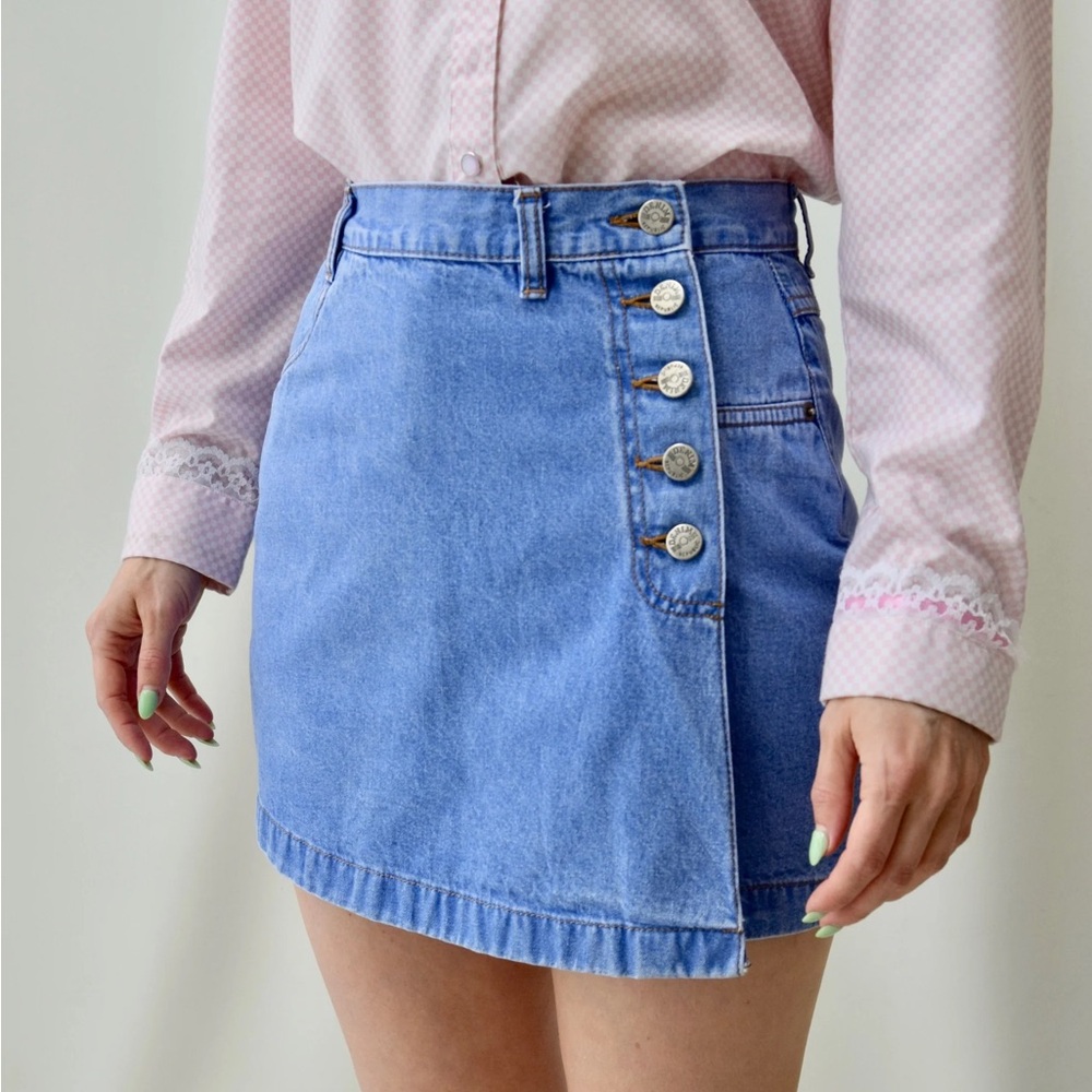 90s Vintage Blue Denim Skort Mini Skirt